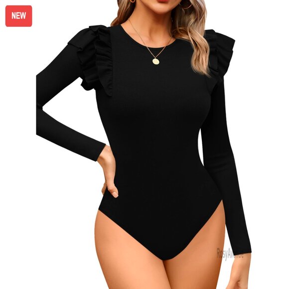 Long Sleeve Ribbed Knit Bodysuit with Ruffle Crew Neck Slim Fit